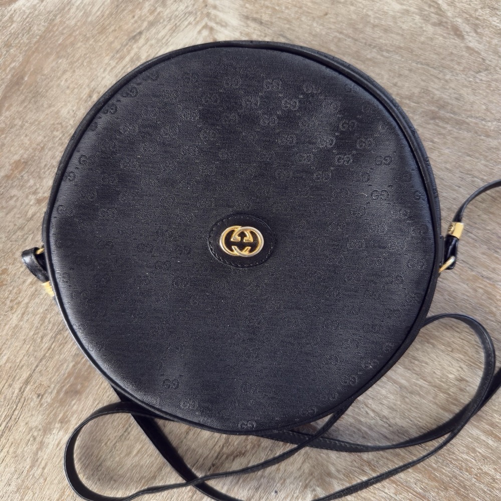 Authentic Vintage 1980s Gucci GG Mini Monogram Round Canteen Crossbody Bag Purse